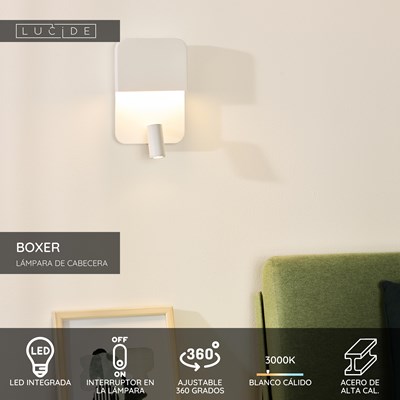 Lucide BOXER - Lámpara de cabecera / Lámpara de pared - LED - 3000K - Con punto de carga USB - Blanco